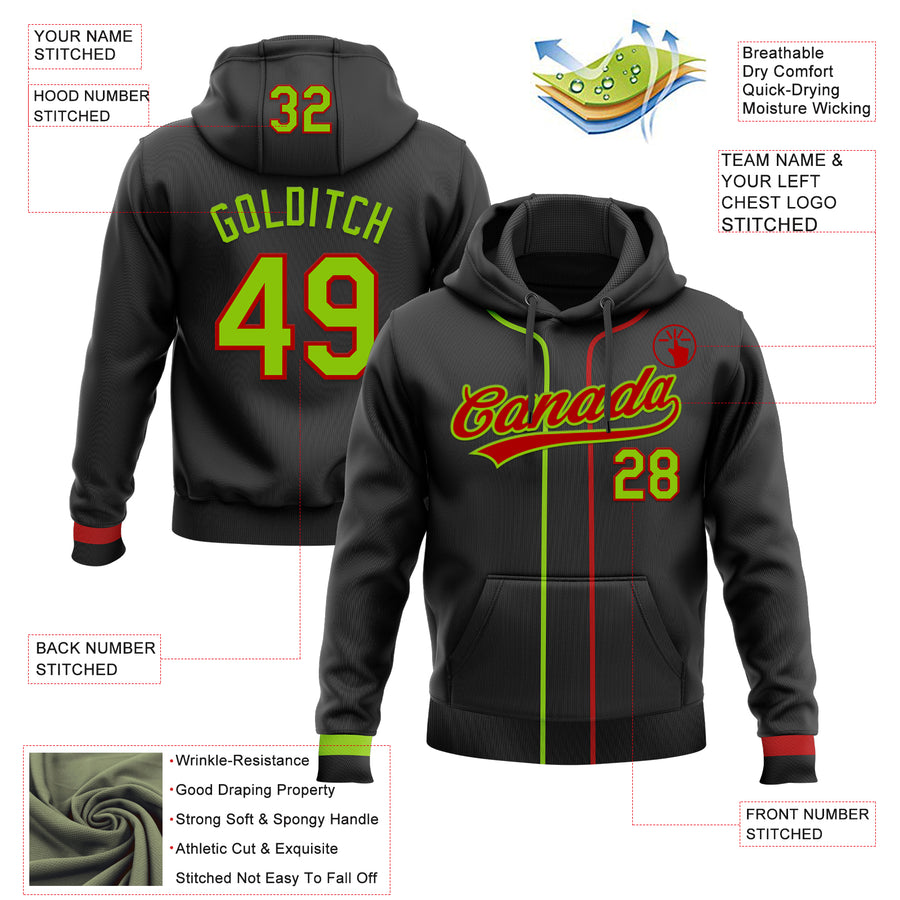 Custom Stitched Black Neon Green-Red Baseball Pullover Sweatshirt Hoodie