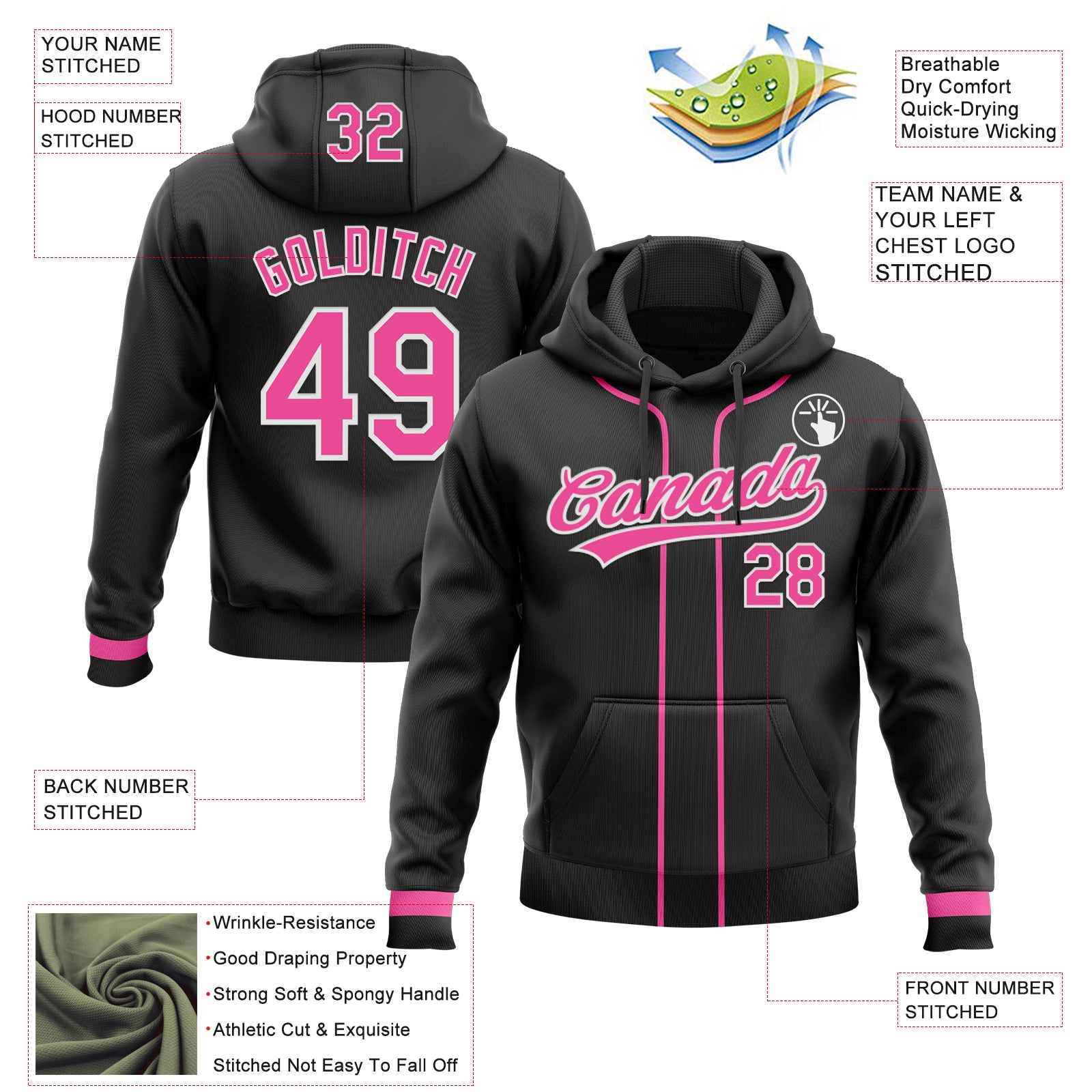 Custom Stitched Black Pink-White Baseball Pullover Sweatshirt Hoodie
