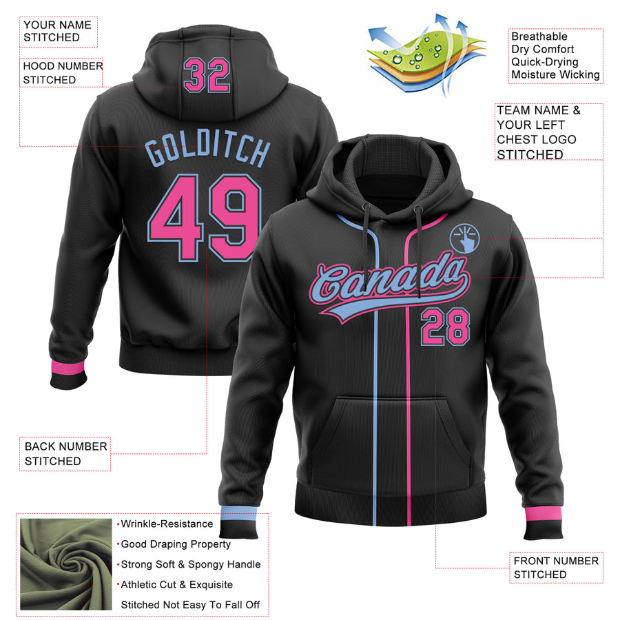 Custom Stitched Black Pink-Light Blue Baseball Pullover Sweatshirt Hoodie