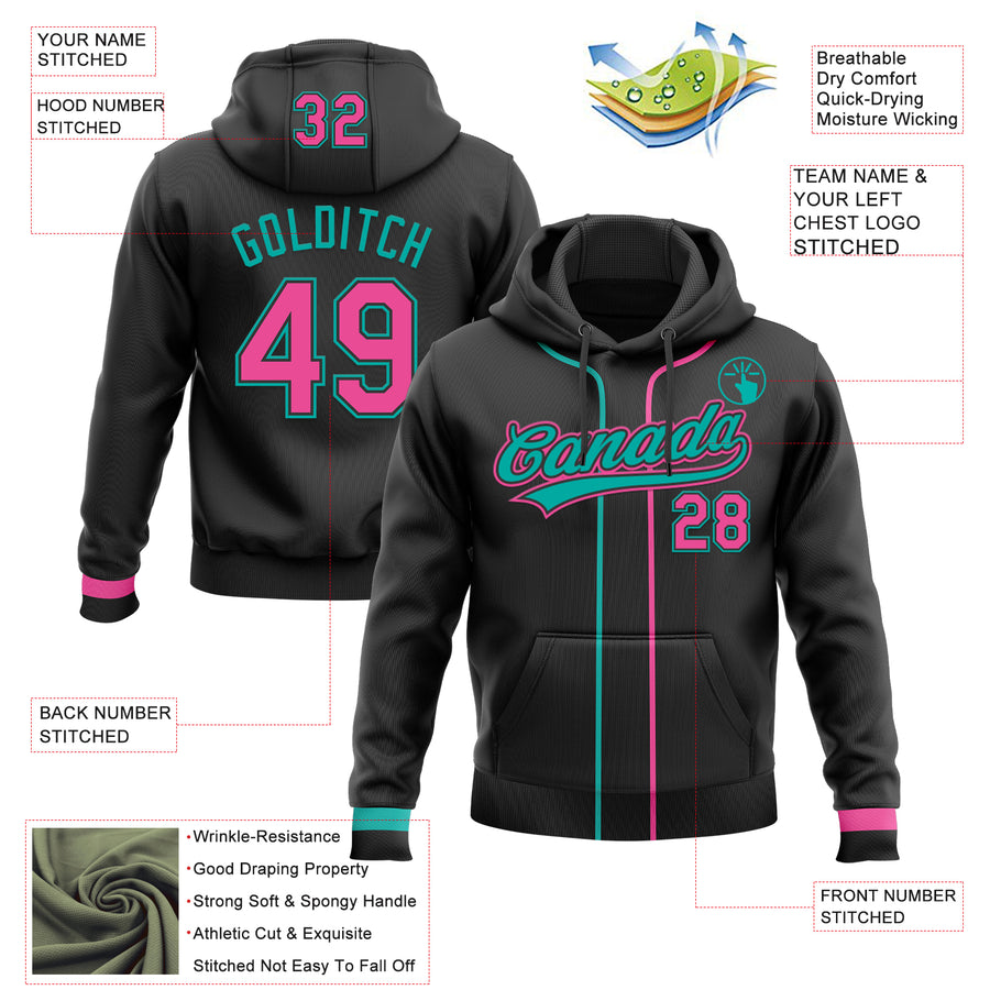 Custom Stitched Black Pink-Aqua Baseball Pullover Sweatshirt Hoodie