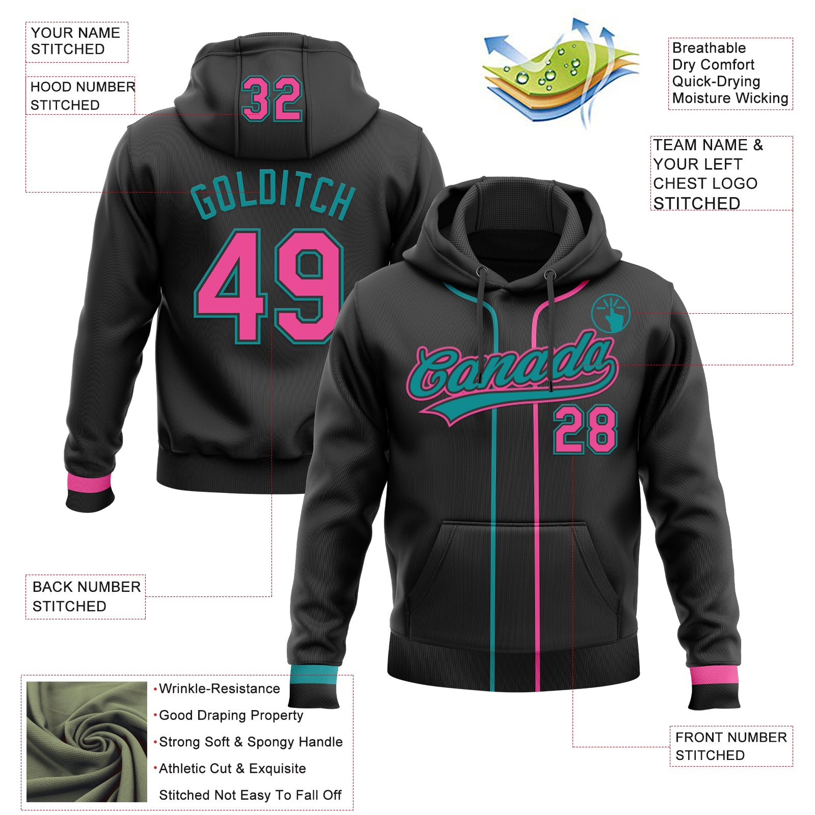 Custom Stitched Black Pink-Teal Baseball Pullover Sweatshirt Hoodie