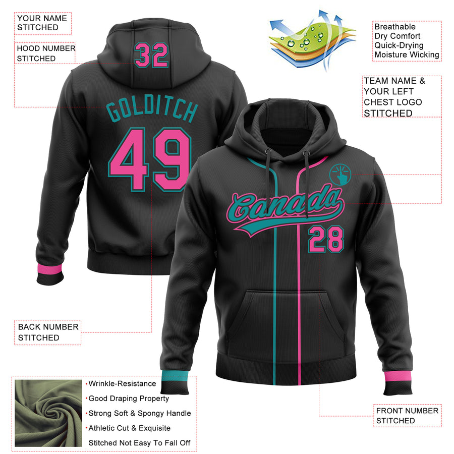 Custom Stitched Black Pink-Teal Baseball Pullover Sweatshirt Hoodie