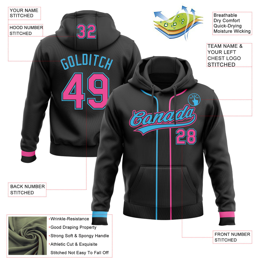 Custom Stitched Black Pink-Sky Blue Baseball Pullover Sweatshirt Hoodie