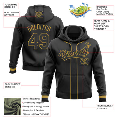 Custom Stitched Black Old Gold Baseball Pullover Sweatshirt Hoodie