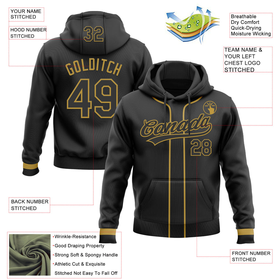 Custom Stitched Black Old Gold Baseball Pullover Sweatshirt Hoodie