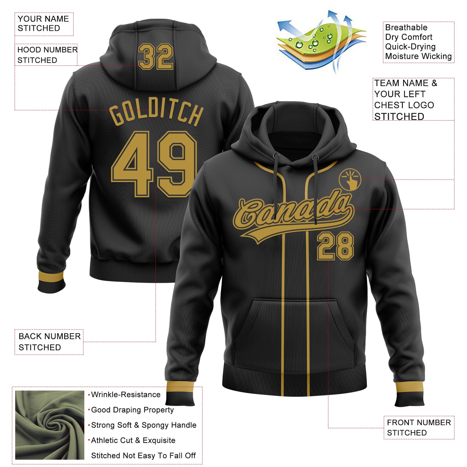 Custom Stitched Black Old Gold Baseball Pullover Sweatshirt Hoodie