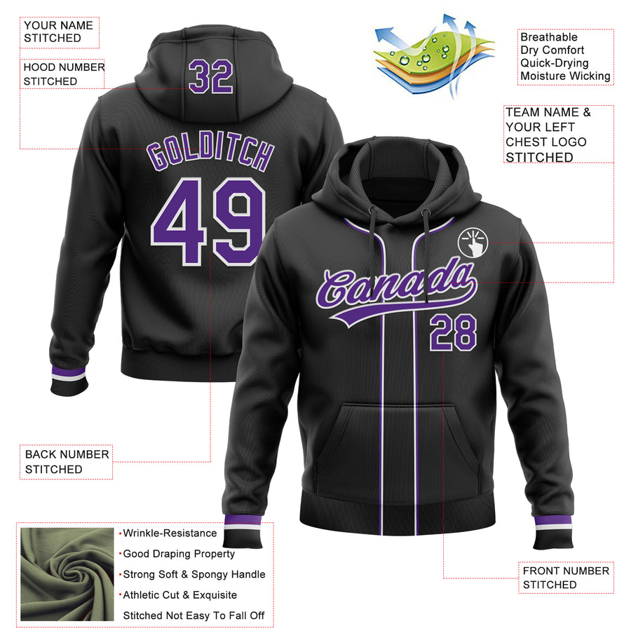 Custom Stitched Black Purple-White Baseball Pullover Sweatshirt Hoodie
