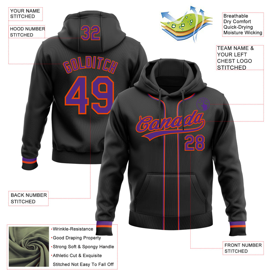 Custom Stitched Black Purple-Orange Baseball Pullover Sweatshirt Hoodie