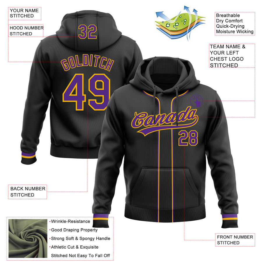 Custom Stitched Black Purple-Gold Baseball Pullover Sweatshirt Hoodie