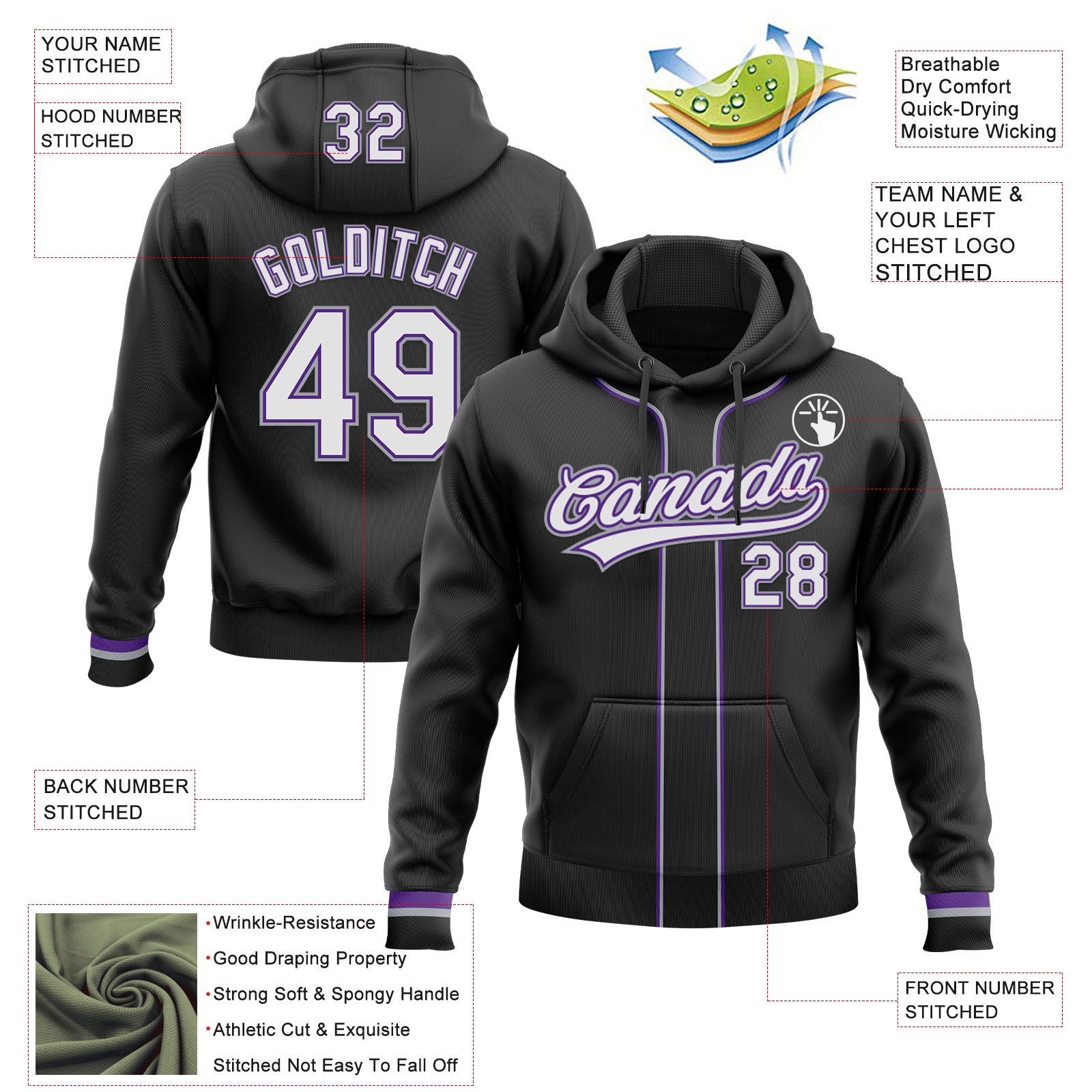 Custom Stitched Black White Purple-Gray Baseball Pullover Sweatshirt Hoodie