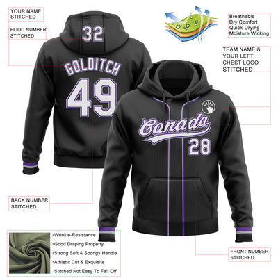 Custom Stitched Black White Purple-Gray Baseball Pullover Sweatshirt Hoodie