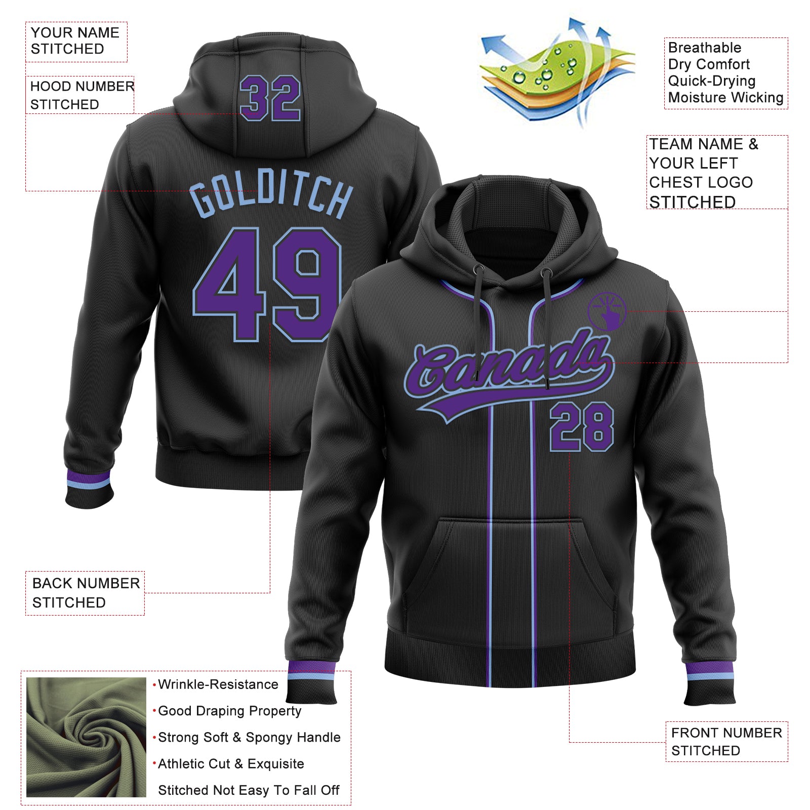 Custom Stitched Black Purple-Light Blue Baseball Pullover Sweatshirt Hoodie