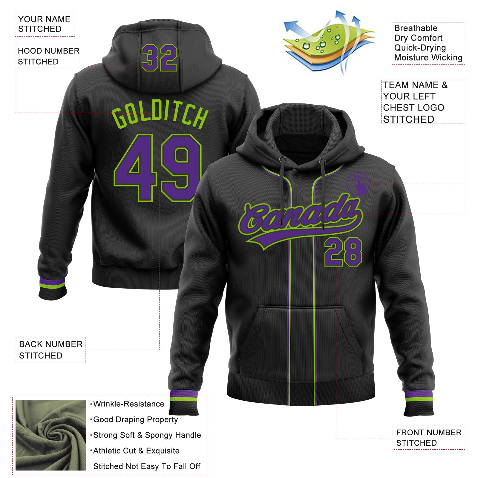 Custom Stitched Black Purple-Neon Green Baseball Pullover Sweatshirt Hoodie