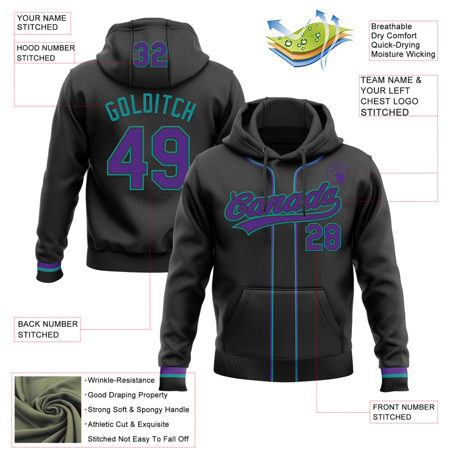 Custom Stitched Black Purple-Teal Baseball Pullover Sweatshirt Hoodie