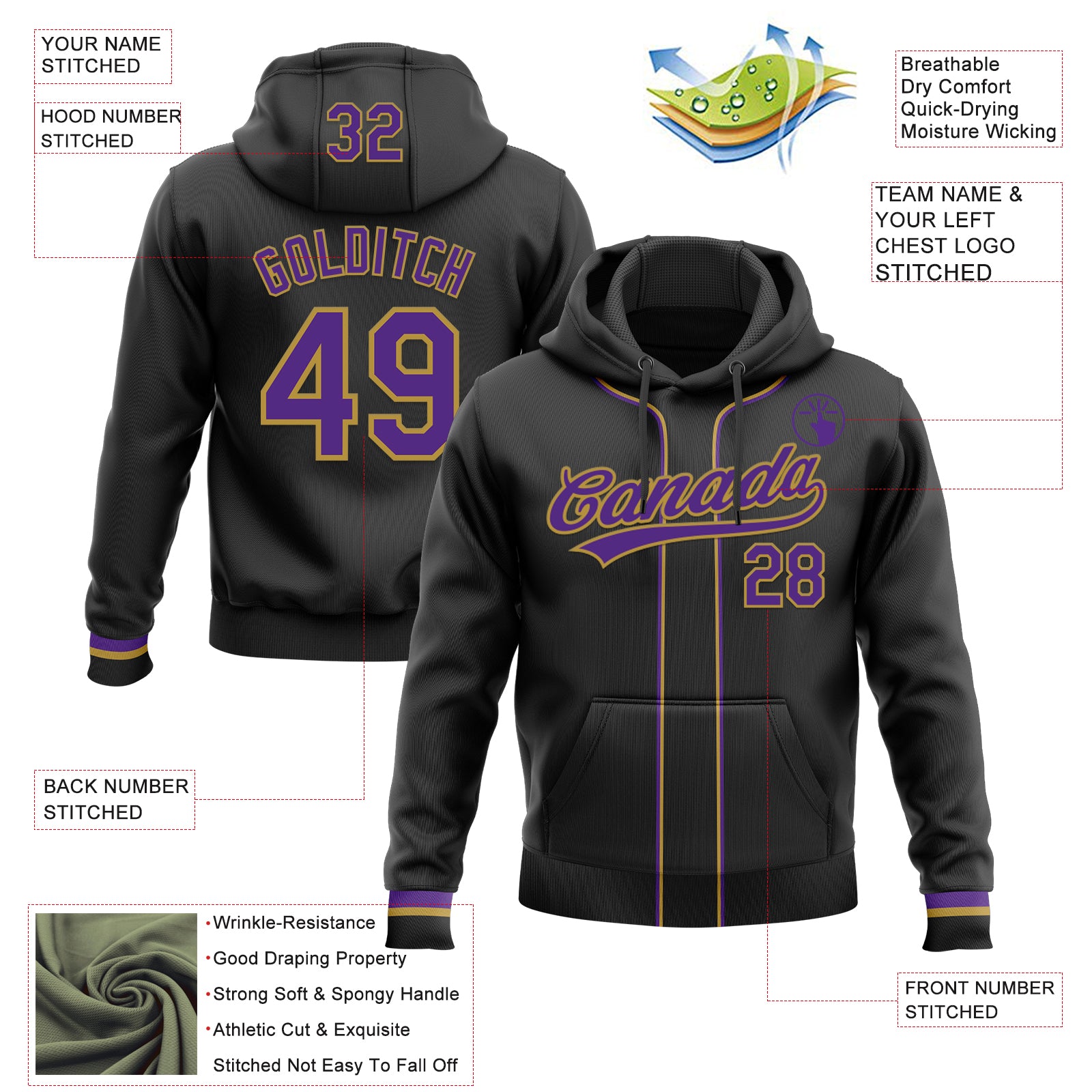 Custom Stitched Black Purple-Old Gold Baseball Pullover Sweatshirt Hoodie