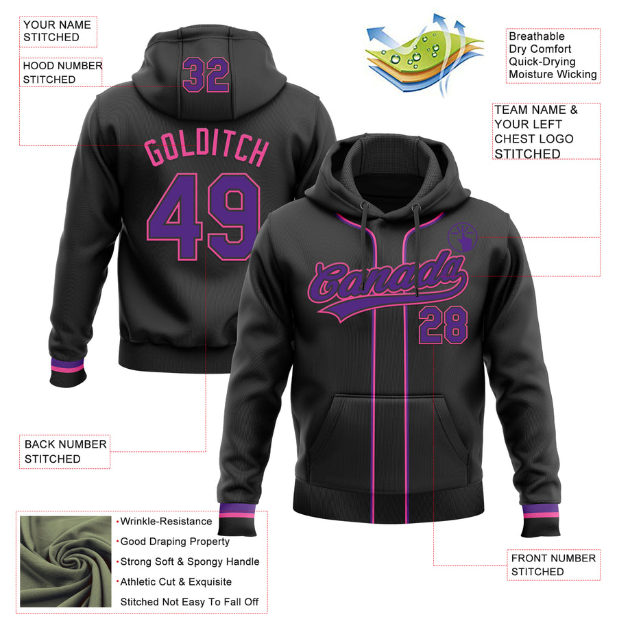 Custom Stitched Black Purple-Pink Baseball Pullover Sweatshirt Hoodie