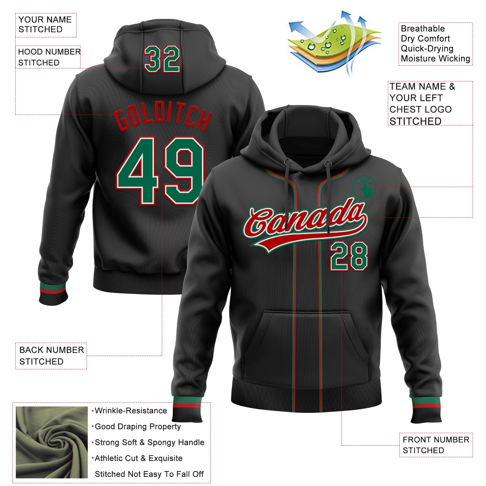 Custom Stitched Black Kelly Green Red-White Baseball Pullover Sweatshirt Hoodie