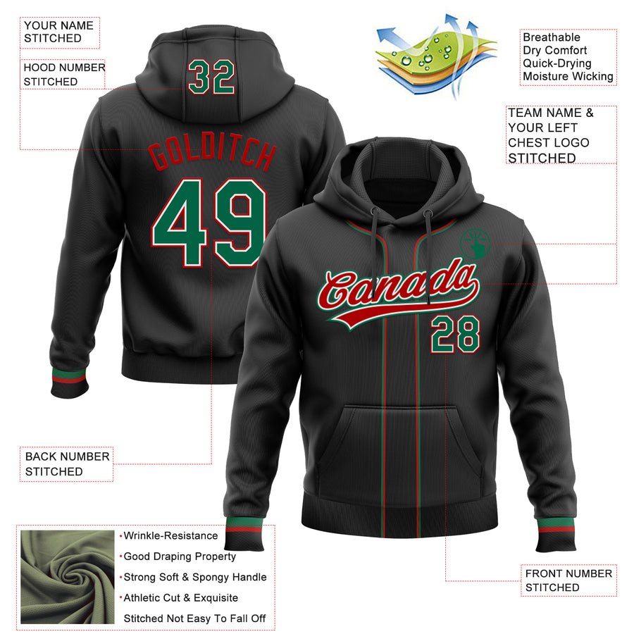 Custom Stitched Black Kelly Green Red-White Baseball Pullover Sweatshirt Hoodie