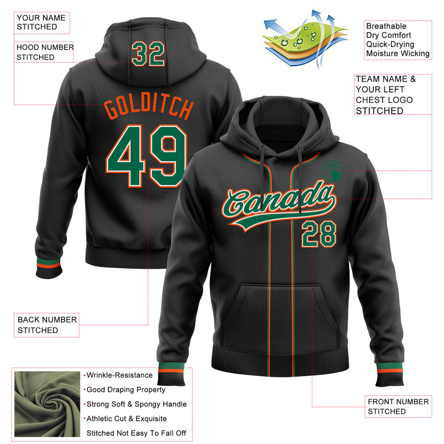 Custom Stitched Black Kelly Green Orange-White Baseball Pullover Sweatshirt Hoodie
