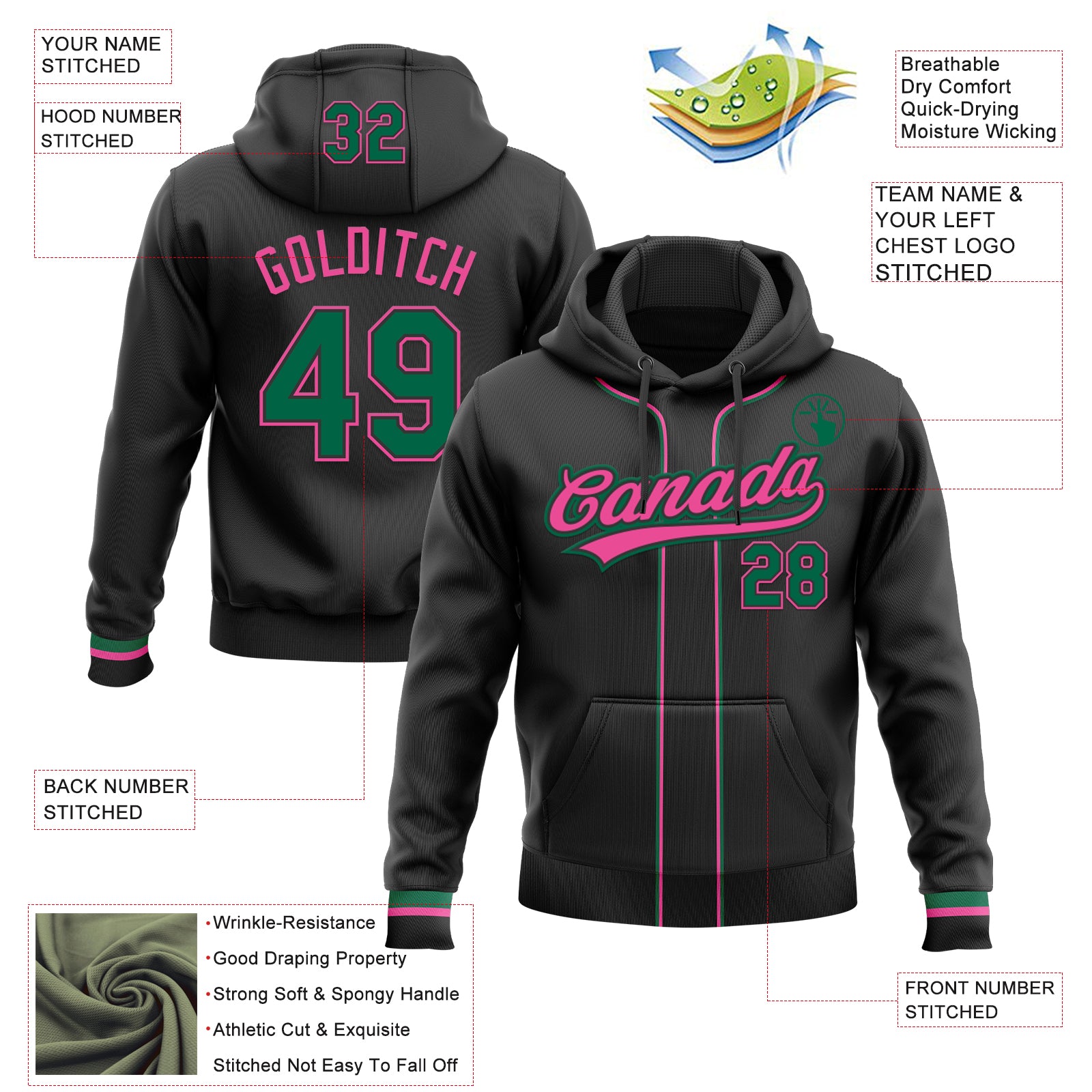 Custom Stitched Black Kelly Green-Pink Baseball Pullover Sweatshirt Hoodie