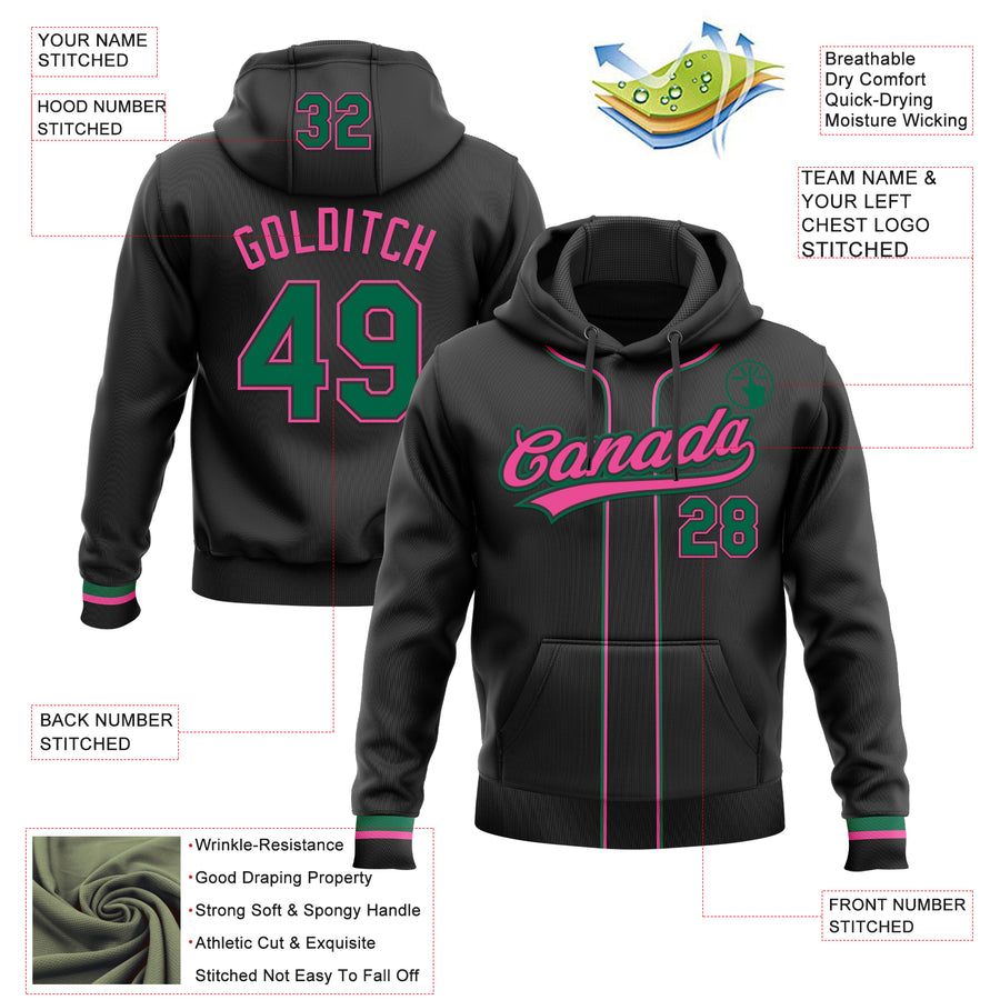 Custom Stitched Black Kelly Green-Pink Baseball Pullover Sweatshirt Hoodie