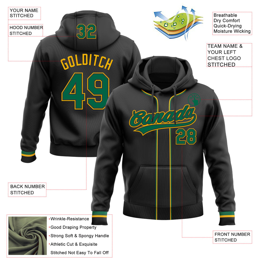 Custom Stitched Black Kelly Green-Gold Baseball Pullover Sweatshirt Hoodie