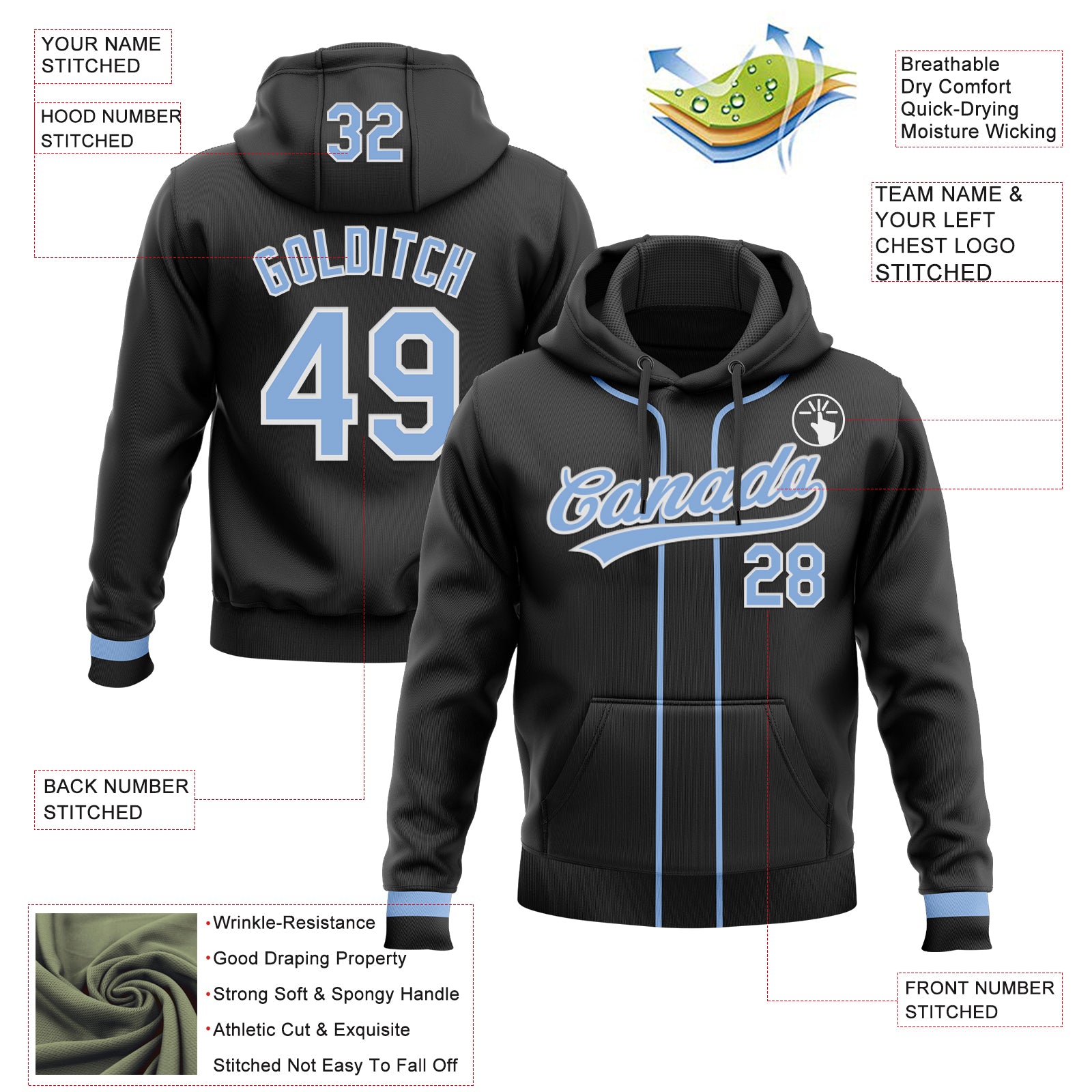 Custom Stitched Black Light Blue-White Baseball Pullover Sweatshirt Hoodie