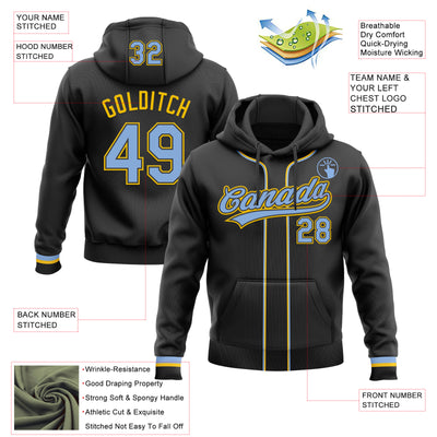 Custom Stitched Black Light Blue-Yellow Baseball Pullover Sweatshirt Hoodie