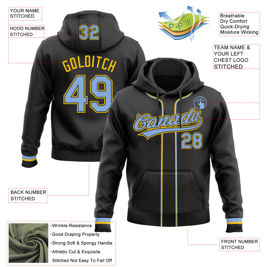 Custom Stitched Black Light Blue-Yellow Baseball Pullover Sweatshirt Hoodie