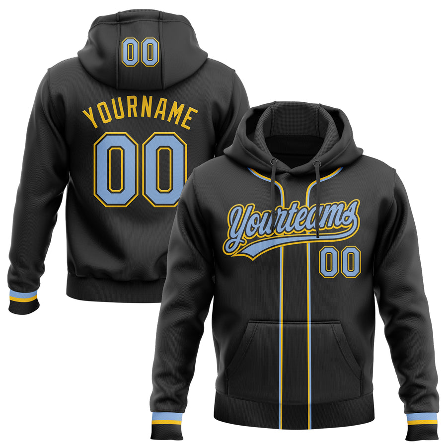 Custom Stitched Black Light Blue-Yellow Baseball Pullover Sweatshirt Hoodie