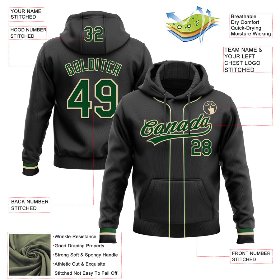 Custom Stitched Black Green-Cream Baseball Pullover Sweatshirt Hoodie