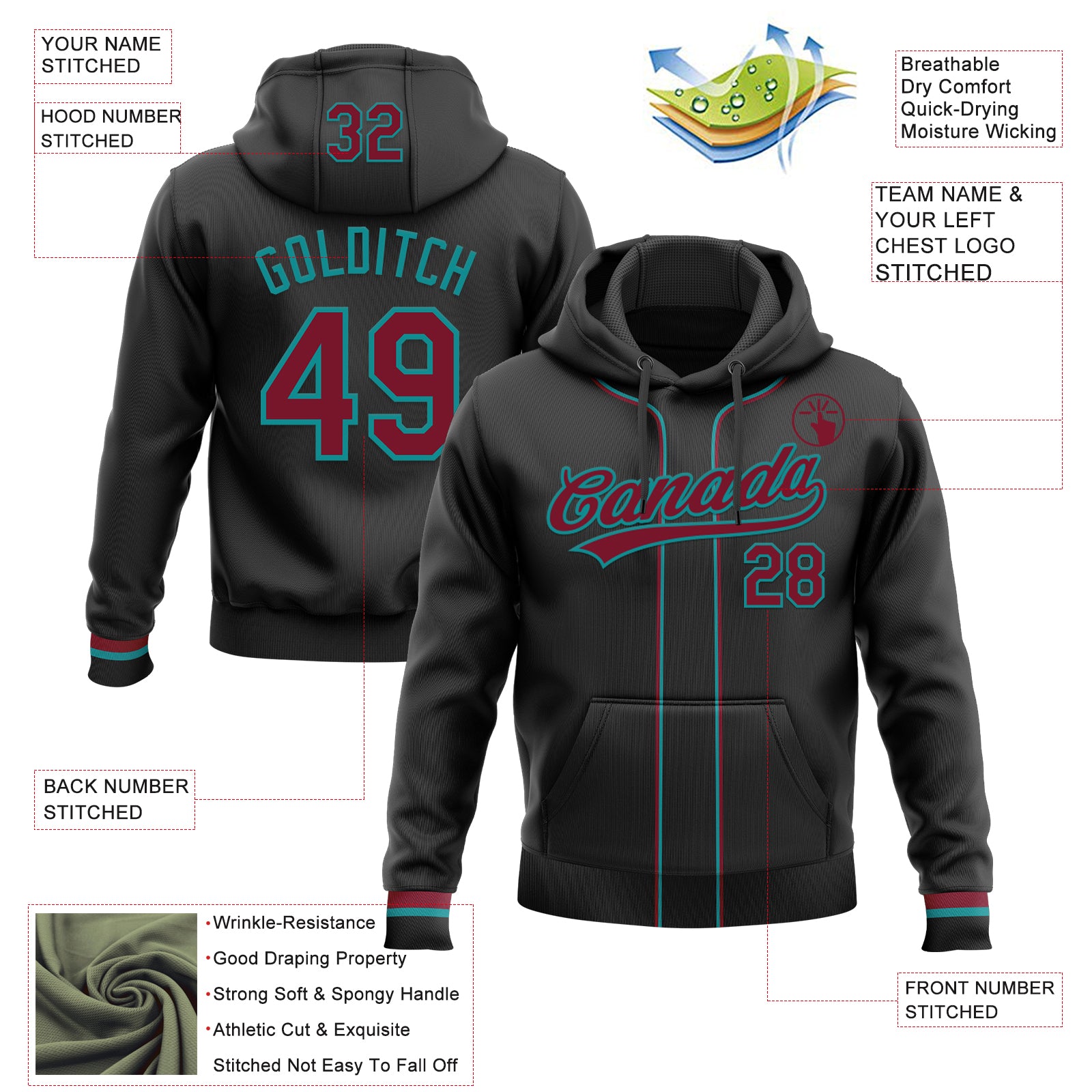Custom Stitched Black Crimson-Teal Baseball Pullover Sweatshirt Hoodie