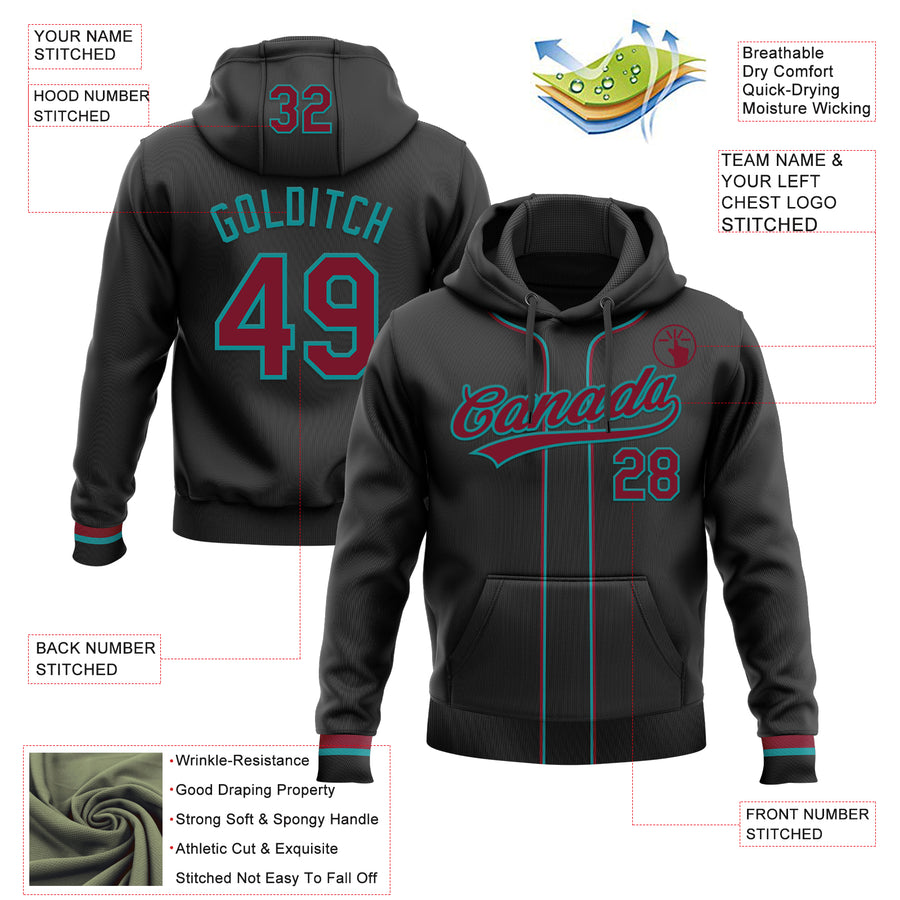 Custom Stitched Black Crimson-Teal Baseball Pullover Sweatshirt Hoodie