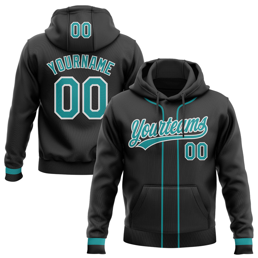 Custom Stitched Black Teal-White Baseball Pullover Sweatshirt Hoodie