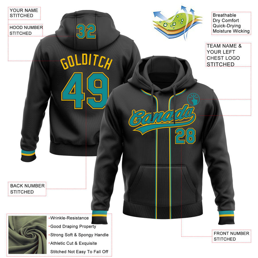Custom Stitched Black Teal-Yellow Baseball Pullover Sweatshirt Hoodie