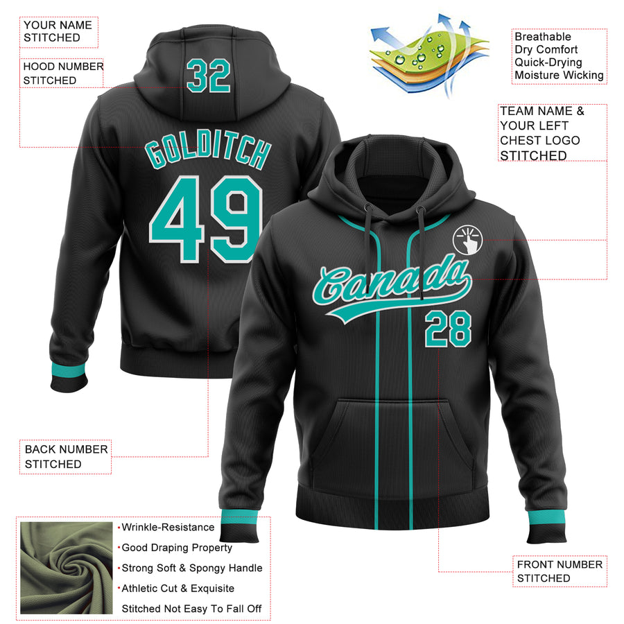 Custom Stitched Black Aqua-White Baseball Pullover Sweatshirt Hoodie