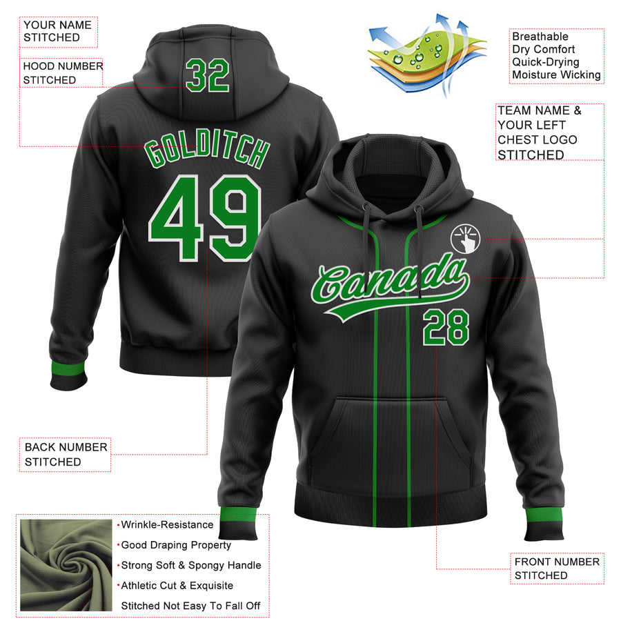 Custom Stitched Black Grass Green-White Baseball Pullover Sweatshirt Hoodie