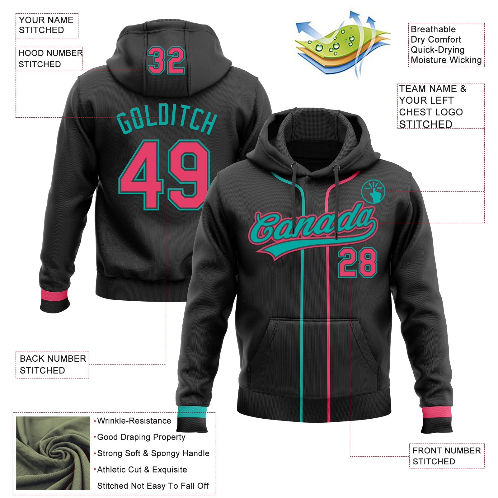 Custom Stitched Black Neon Pink-Aqua Baseball Pullover Sweatshirt Hoodie