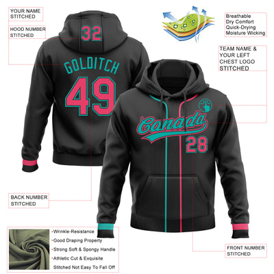 Custom Stitched Black Neon Pink-Aqua Baseball Pullover Sweatshirt Hoodie