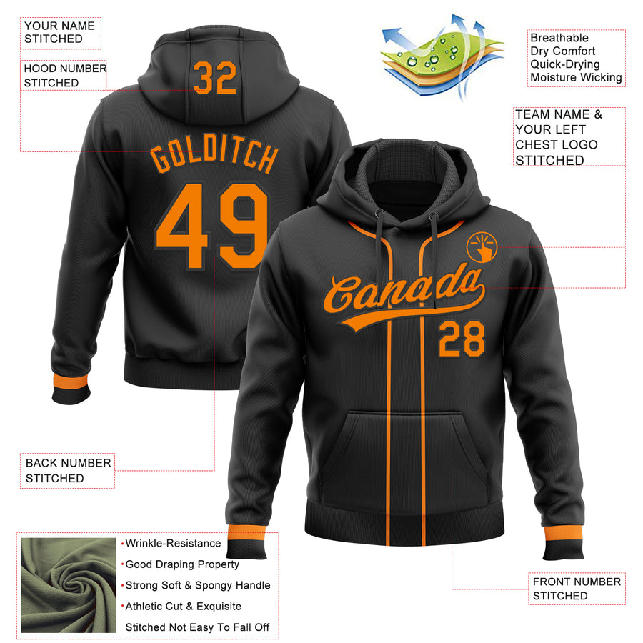 Custom Stitched Black Bay Orange Baseball Pullover Sweatshirt Hoodie