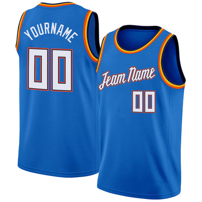 Custom Blue White-Orange Round Neck Rib-Knit Basketball Jersey