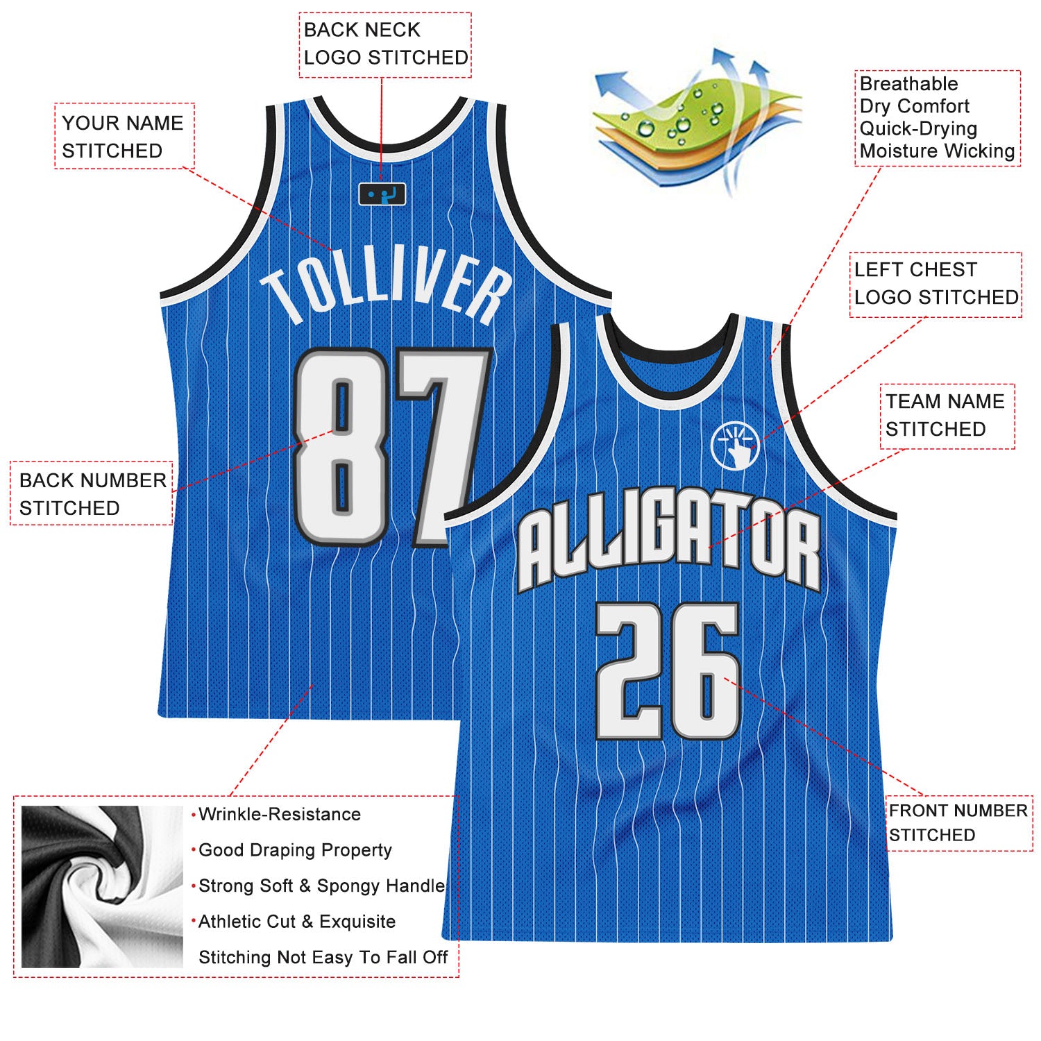 Custom Blue White Pinstripe White-Black Authentic Basketball Jersey