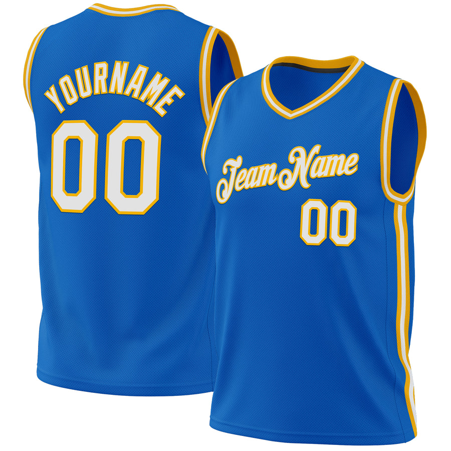 Custom Blue White-Gold Authentic Throwback Basketball Jersey
