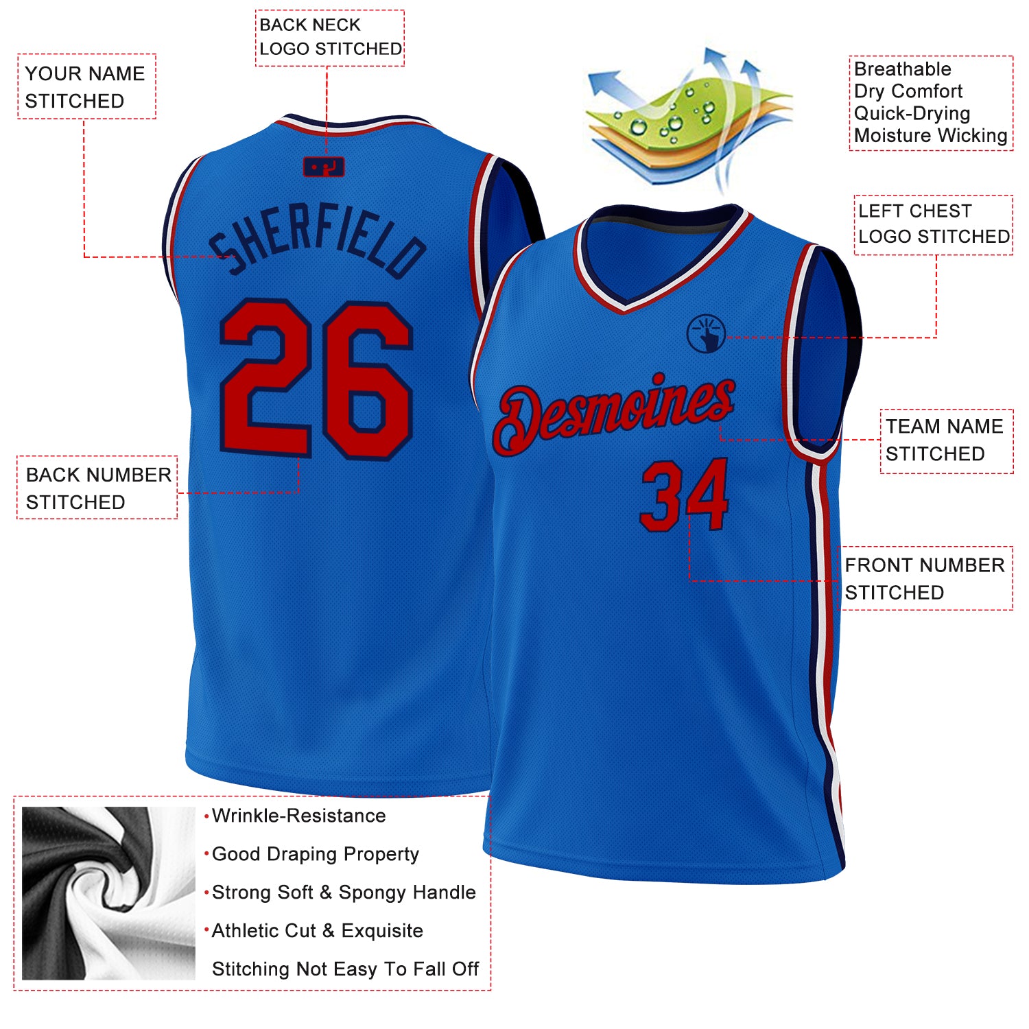 Custom Blue Red-Navy Authentic Throwback Basketball Jersey