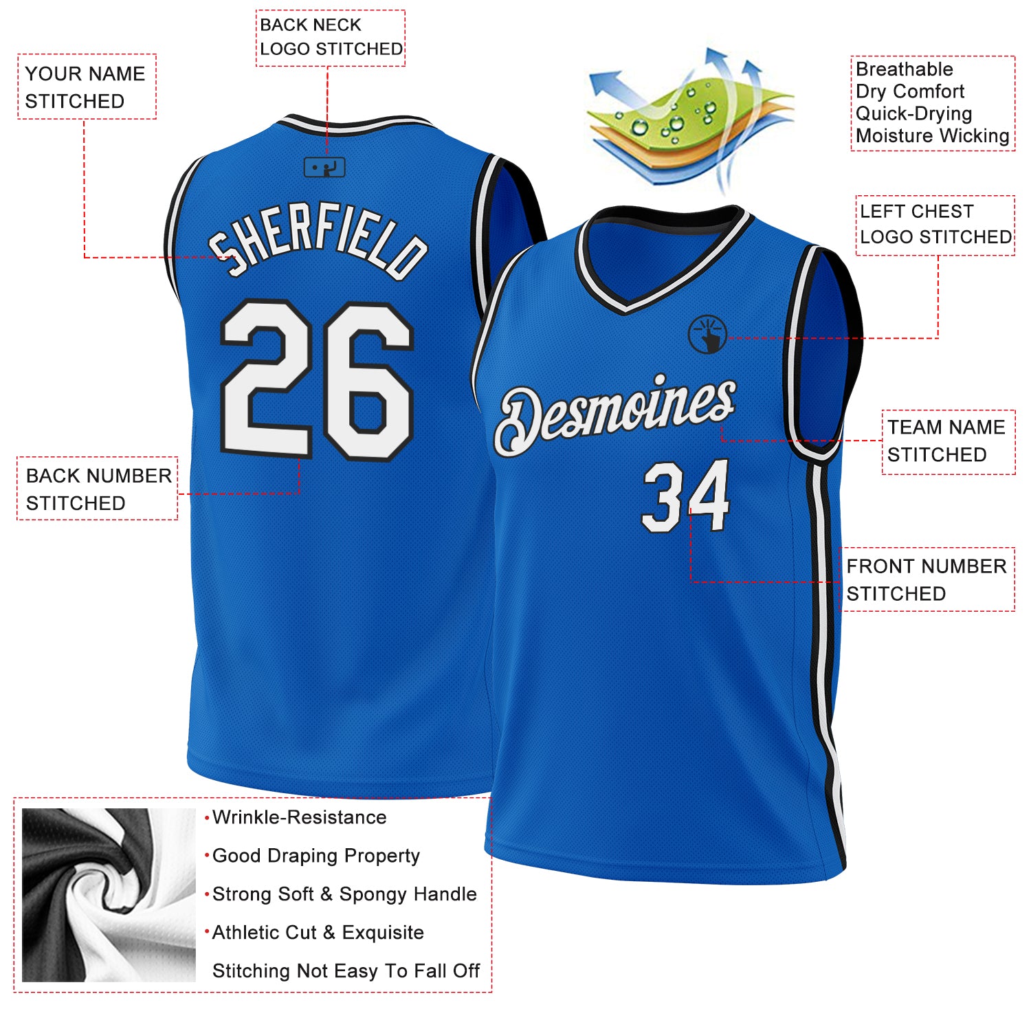 Custom Blue White-Black Authentic Throwback Basketball Jersey