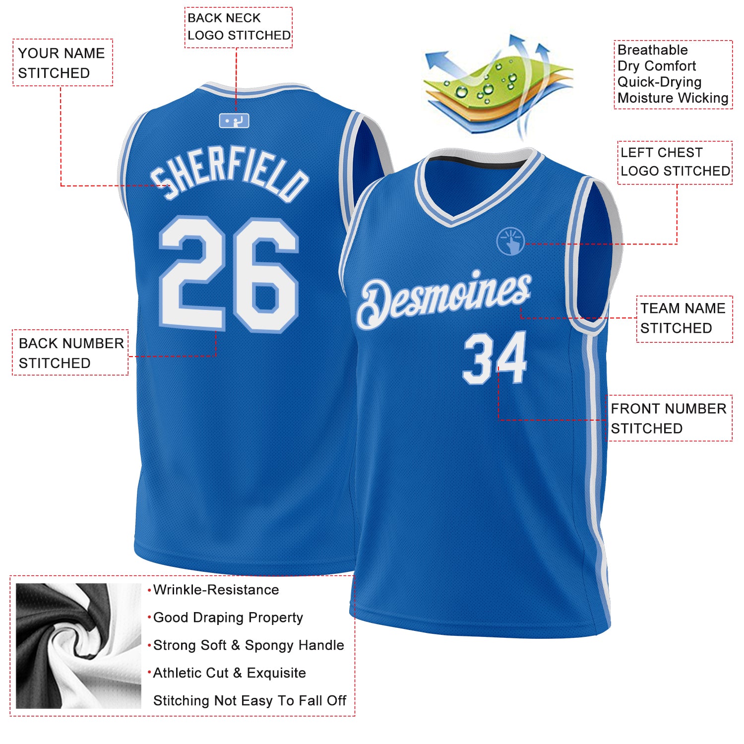 Custom Blue White-Light Blue Authentic Throwback Basketball Jersey