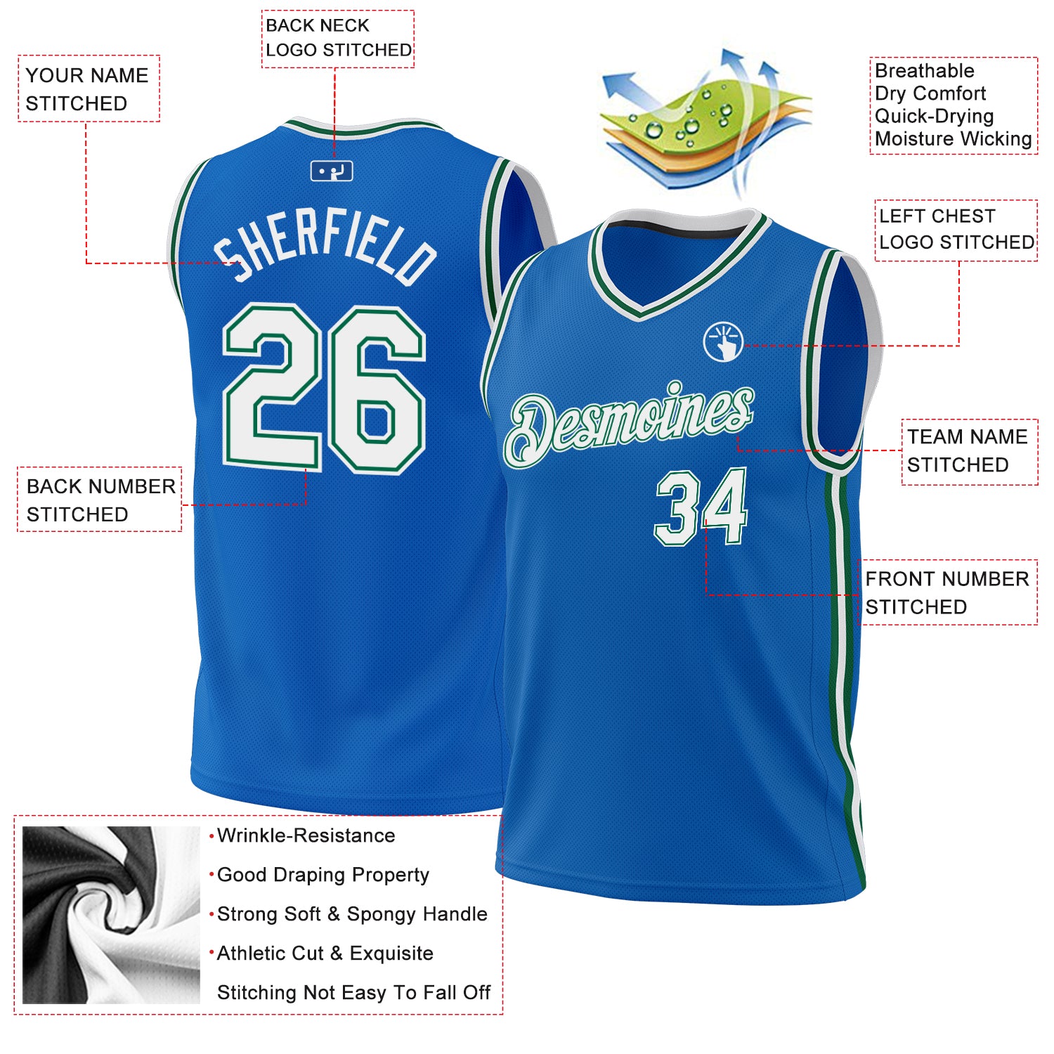 Custom Blue White-Kelly Green Authentic Throwback Basketball Jersey