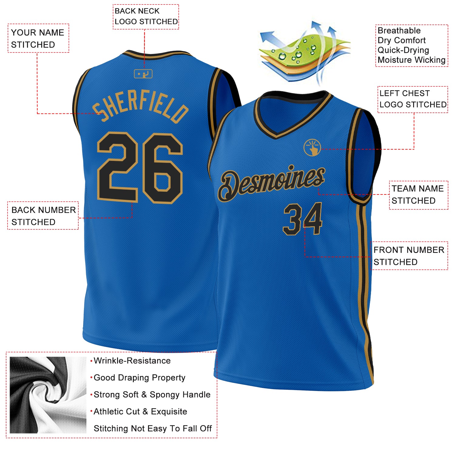 Custom Blue Black-Old Gold Authentic Throwback Basketball Jersey