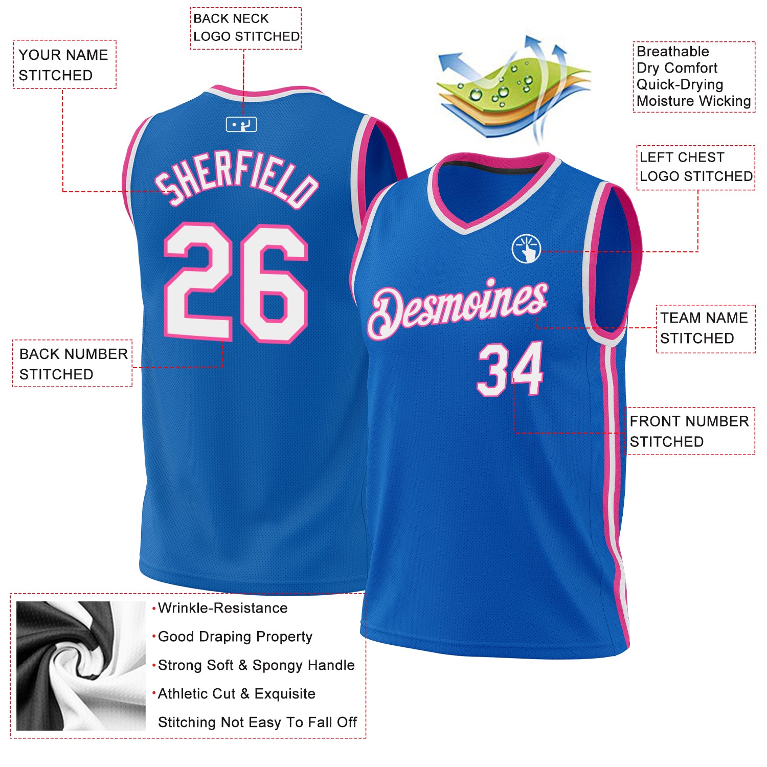 Custom Blue White-Pink Authentic Throwback Basketball Jersey