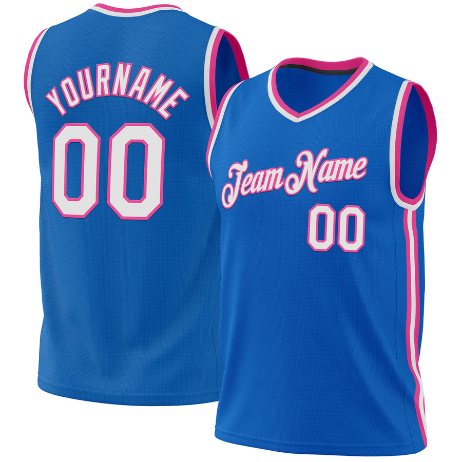 Custom Blue White-Pink Authentic Throwback Basketball Jersey